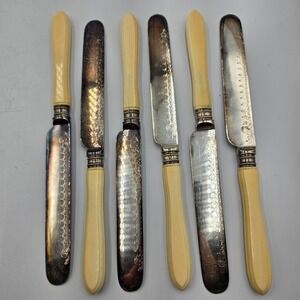Vintage Dinner‎ Butter Knife Set EPNS Ornate Blade 6 Pc Rare Set Celluloid
